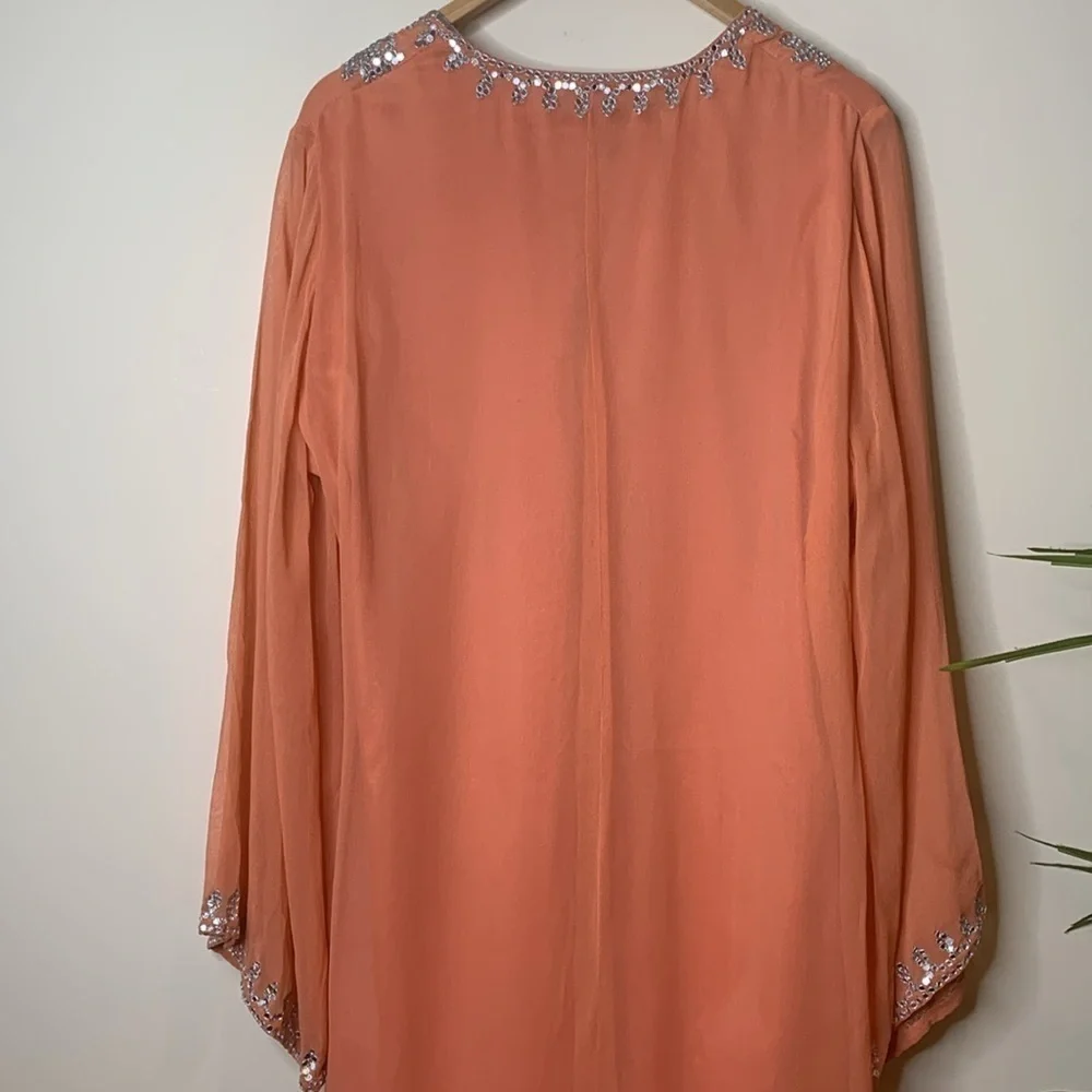 Adrienne Landau | Vintage Peach Sequin Lined Sheer Bell Sleeve Kaftan Dress S/M